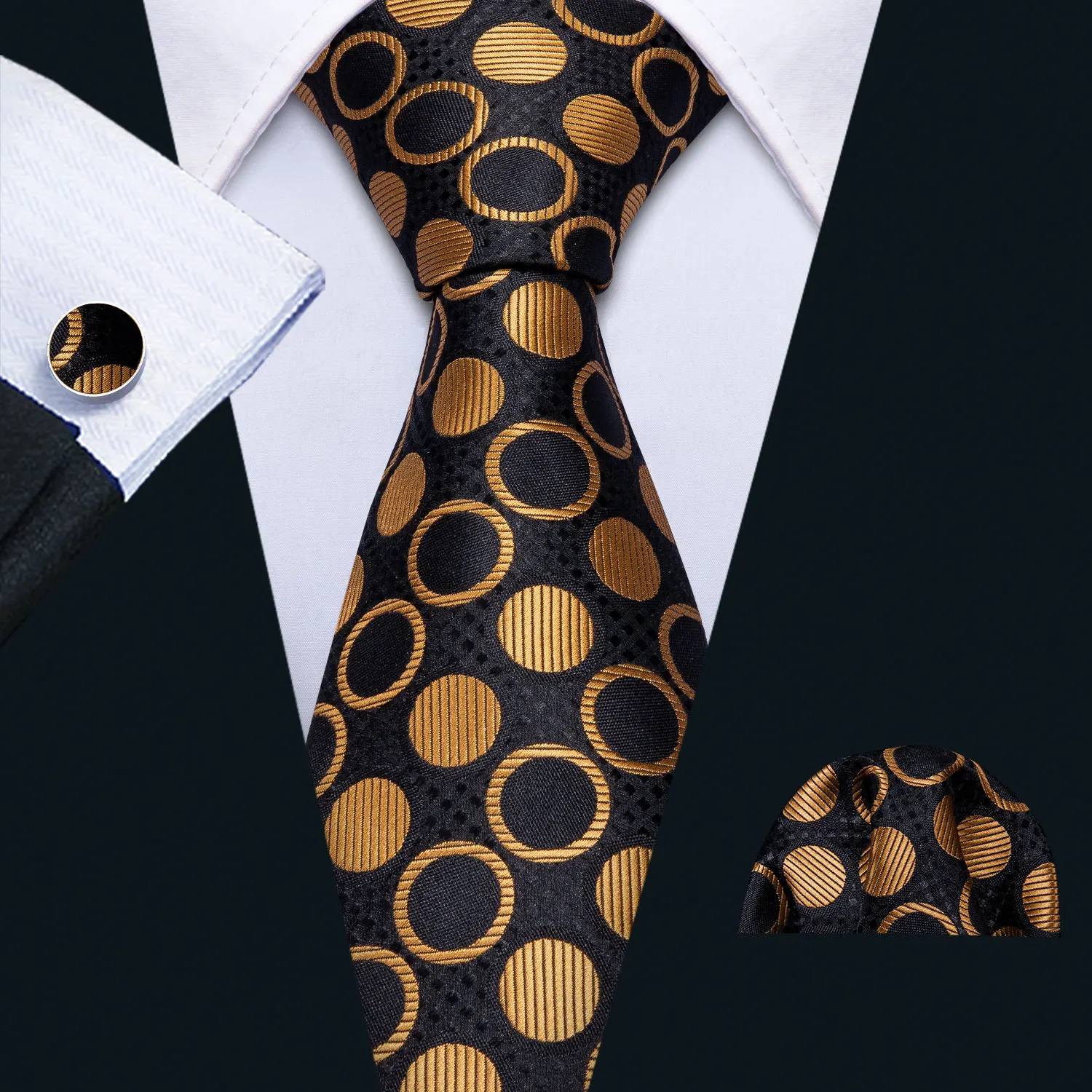 2019 Barry Wang Gold Dot Silk Tie and Hanky Set