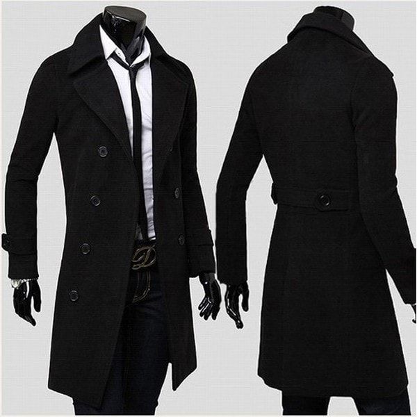 Stylish and sleek, this black trench coat and jacket combo offers a modern twist on classic men