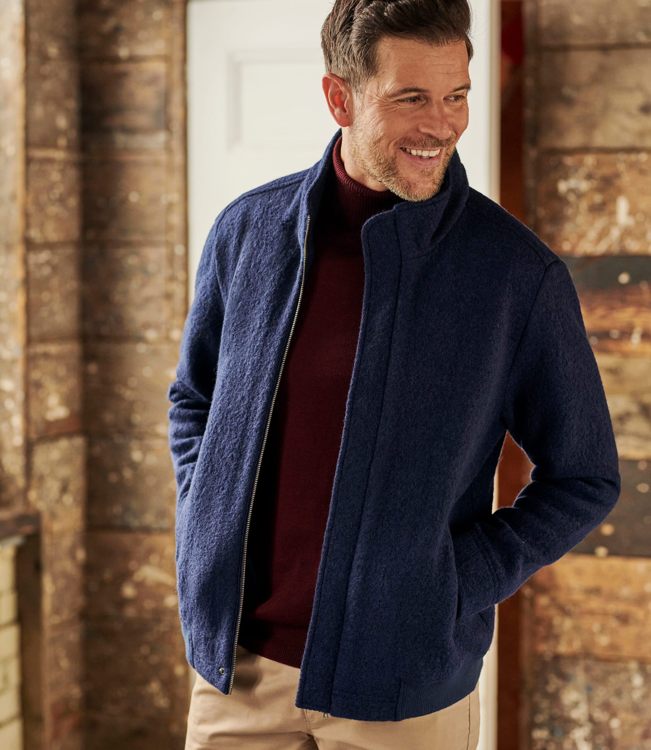 Stylish navy blue coat and jacket for a warm, sophisticated look.