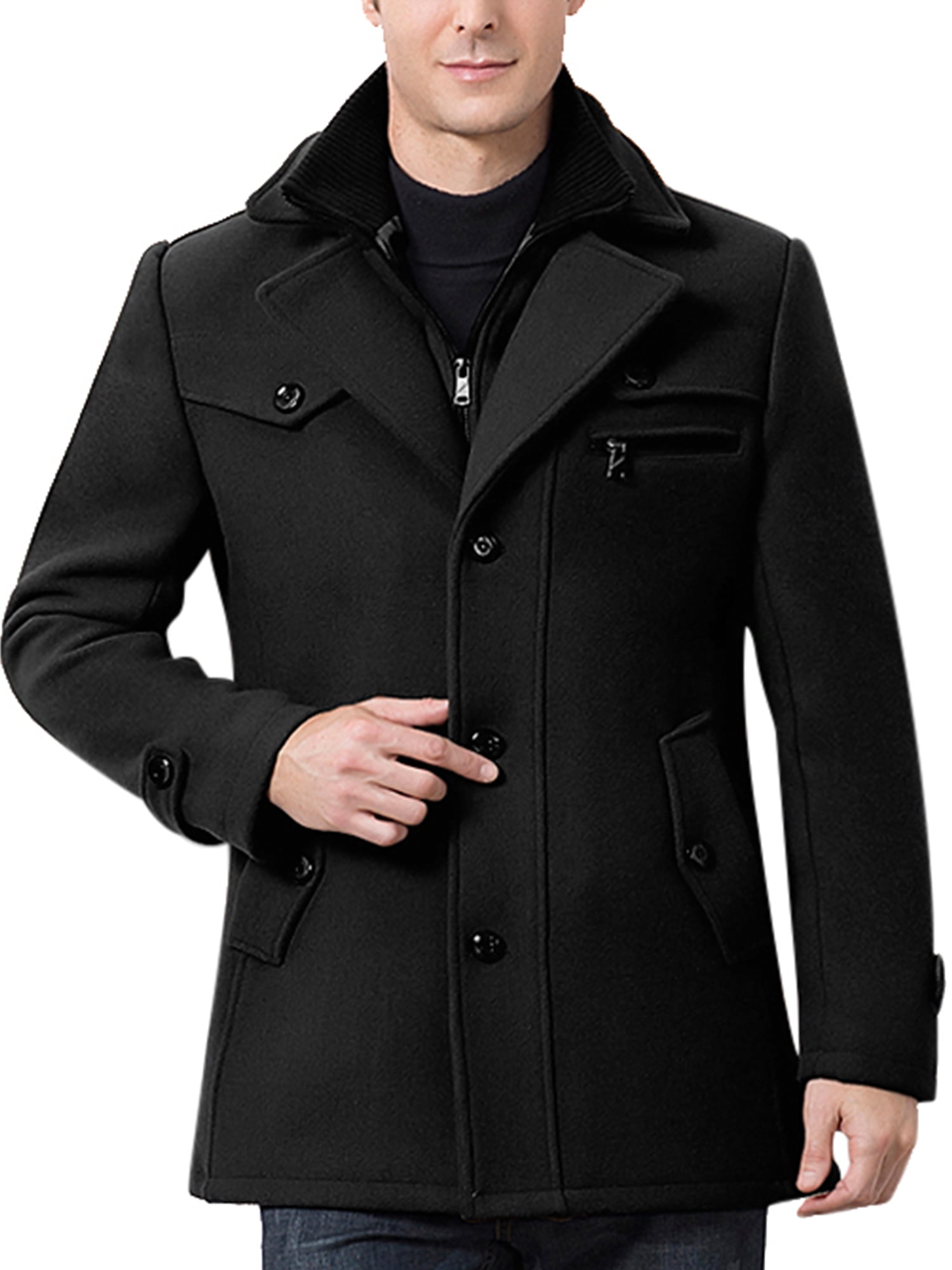 Stylish black leather jacket and a cozy, warm brown coat for a fashionable winter look.