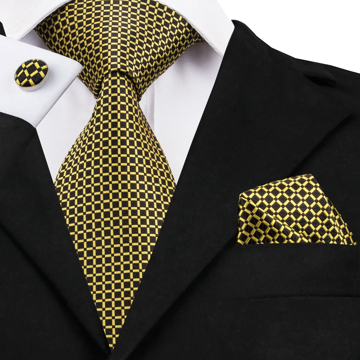 Hi-Tie Luxury Gold Plaid Silk Tie for Men