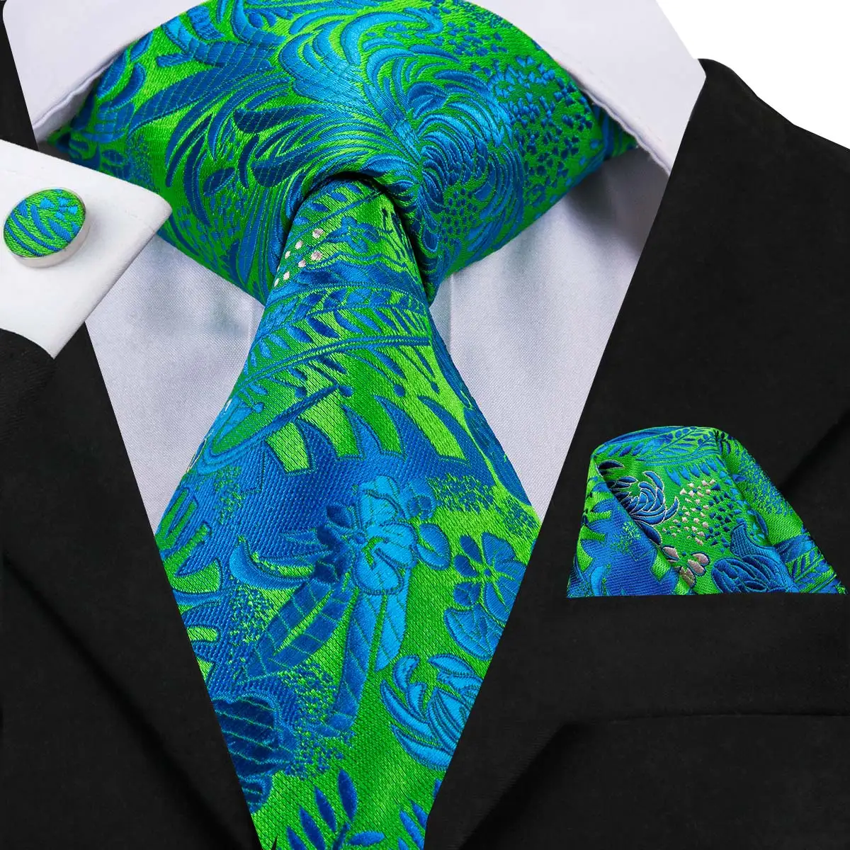 Hi-Tie Green Floral Silk Tie with Matching Pocket Square Set