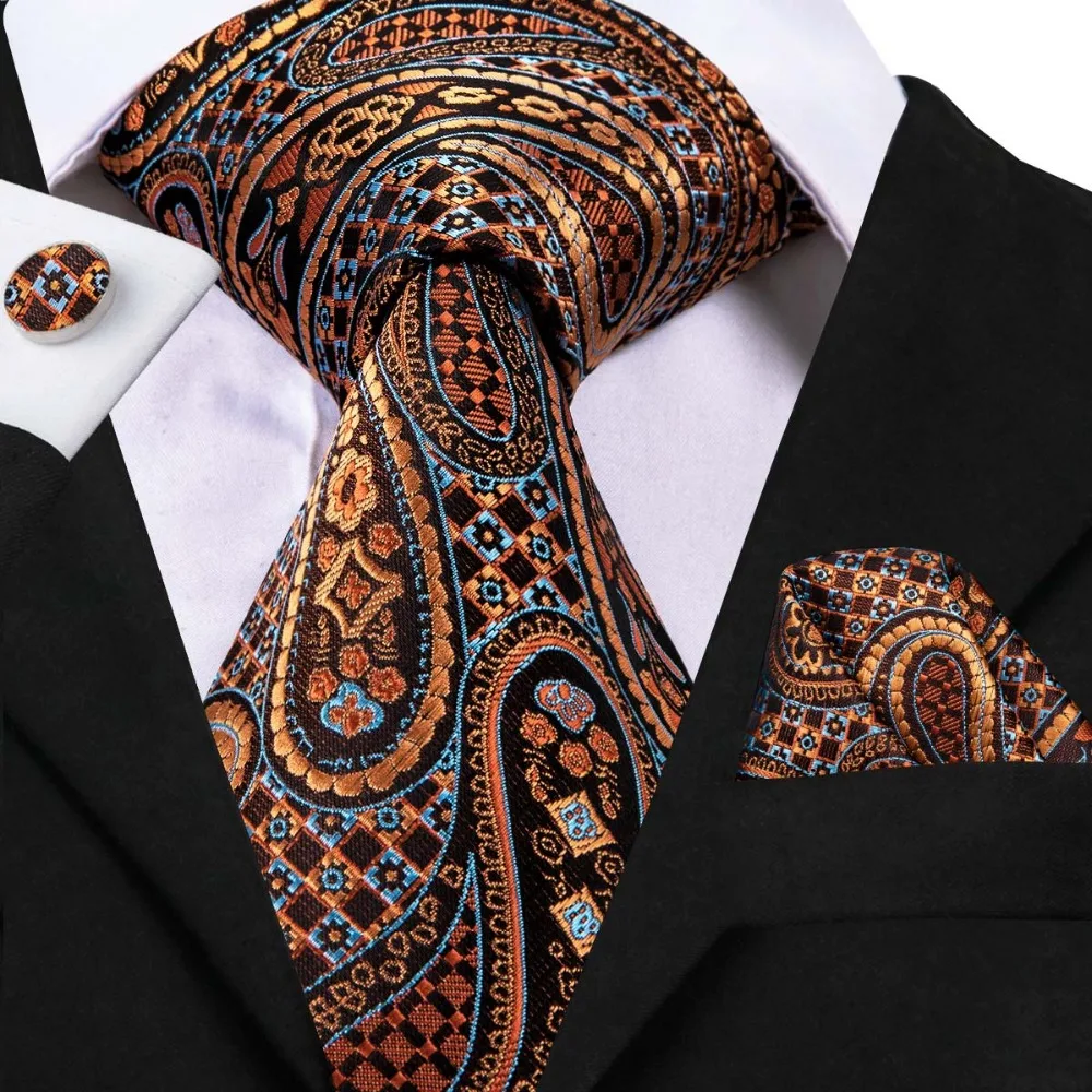 Luxurious Brown Paisley Silk Tie and Handkerchief Set for Men