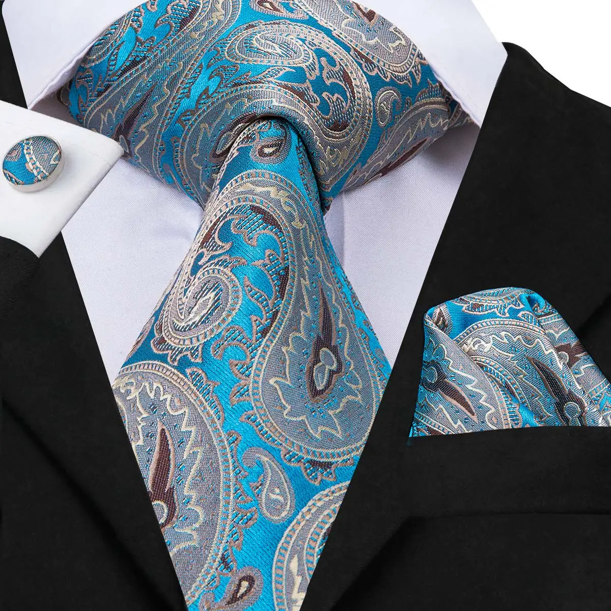 Luxury Blue Paisley Silk Tie Set with Pocket Square and Cufflinks