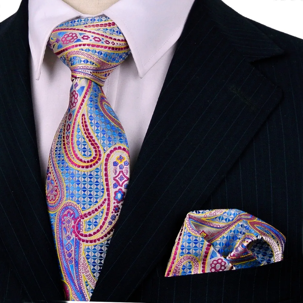 Colorful Paisley Floral Silk Tie Set with Pocket Square