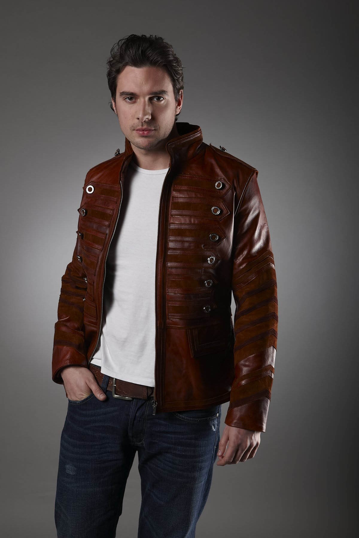 Classic brown leather jackets adding a touch of rugged elegance.