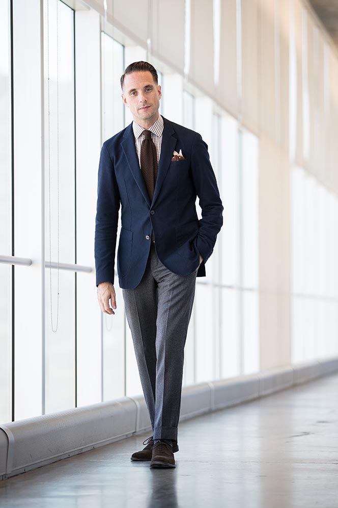 Elevate Your Style: Navy Blazer Meets Gingham Shirt for Effortless Business Casual