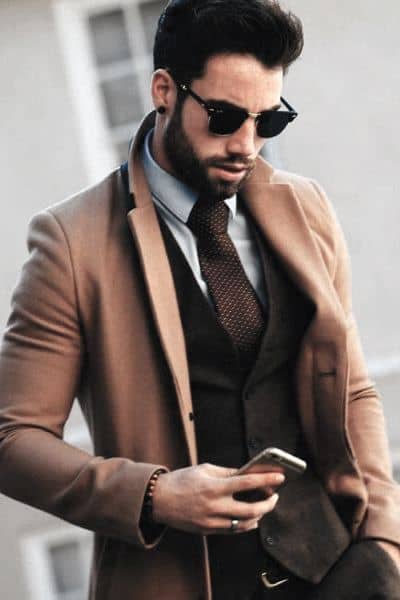 Chic Fall Elegance: Tan Coat with Dress Shirt and Brown Tie