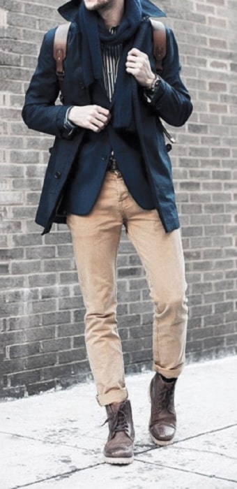 Stylish Winter Outfit with Boots and Khakis for Men