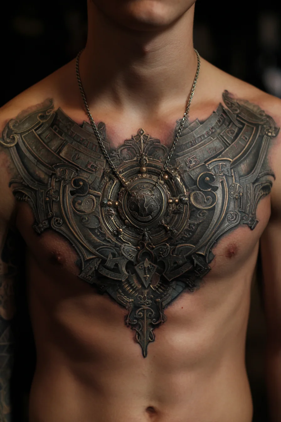 3D Ornate Chestplate Tattoo — Metallic Sternum Armor for Men