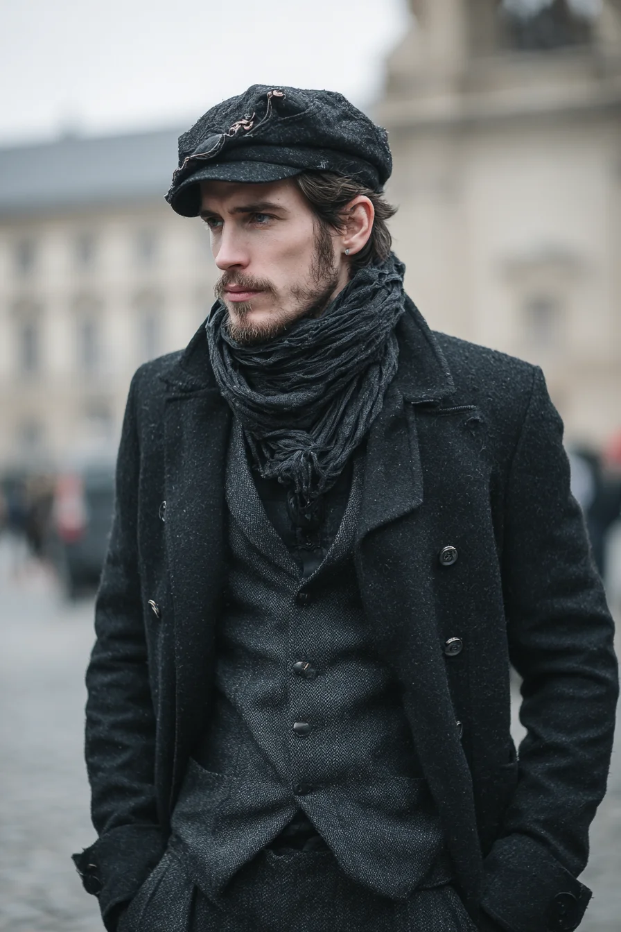 All‑Black Layered Winter Tailored Look: Overcoat, Waistcoat & Scarf