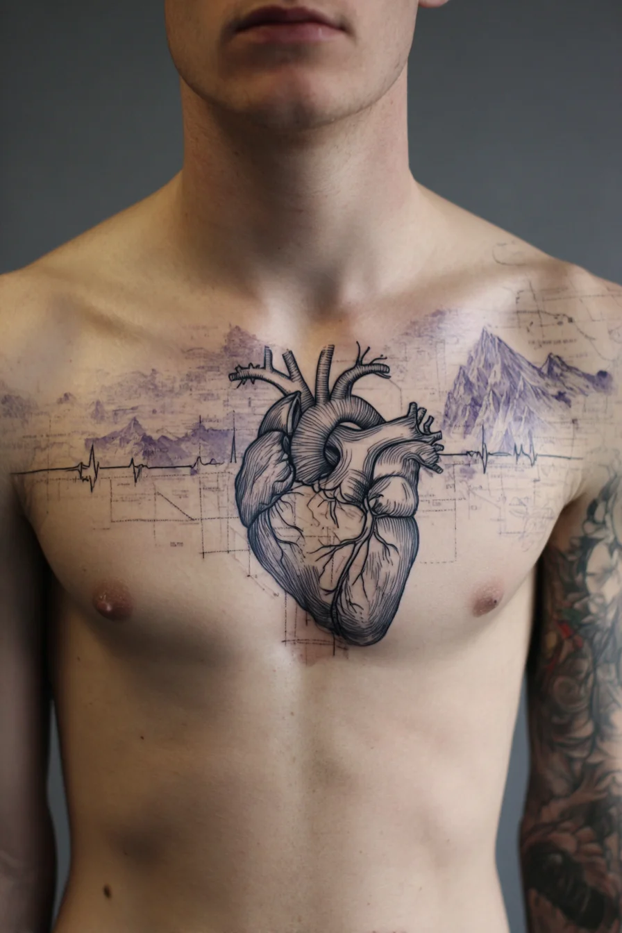 Anatomical Heart Chest Tattoo with Mountains & EKG Line