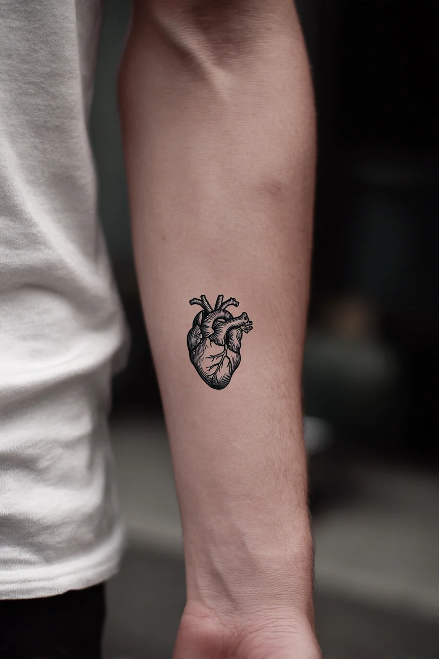Anatomical Heart Tattoo — Inner Forearm Linework for Men