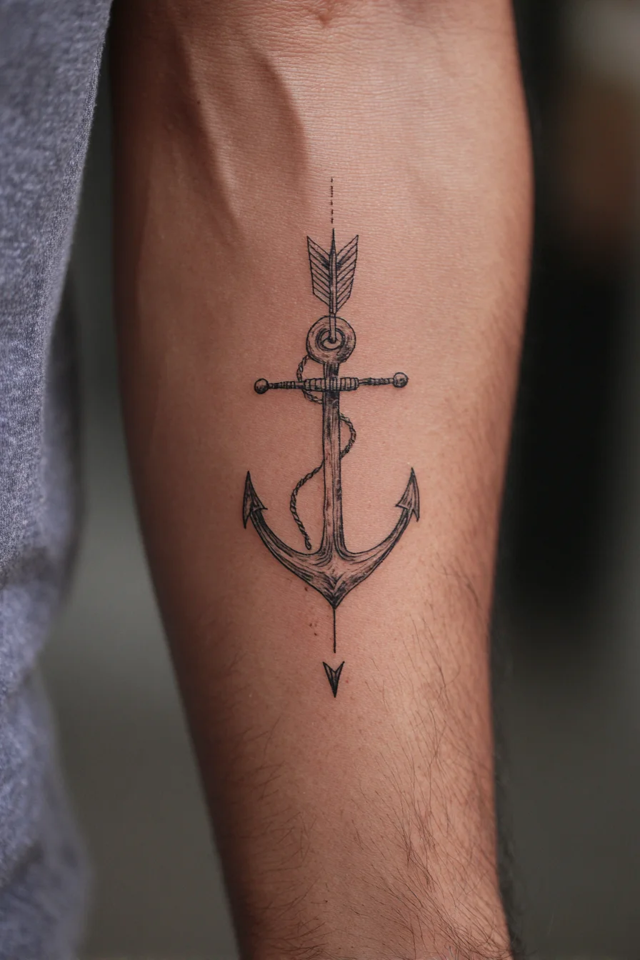 Anchor & Arrow Forearm Tattoo — Masculine Nautical Linework Design
