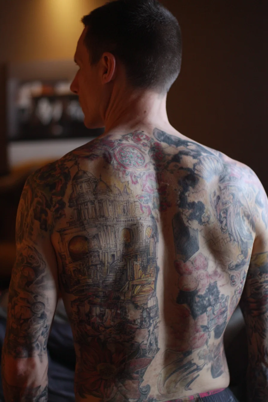 Architectural Full-Back Tattoo with Floral Accents — Bold Male Backpiece
