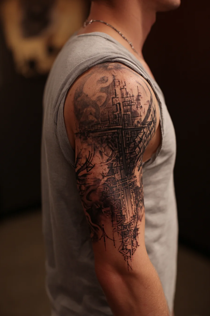 Architectural Geometric Cross — Blackwork Upper-Arm Sleeve Tattoo