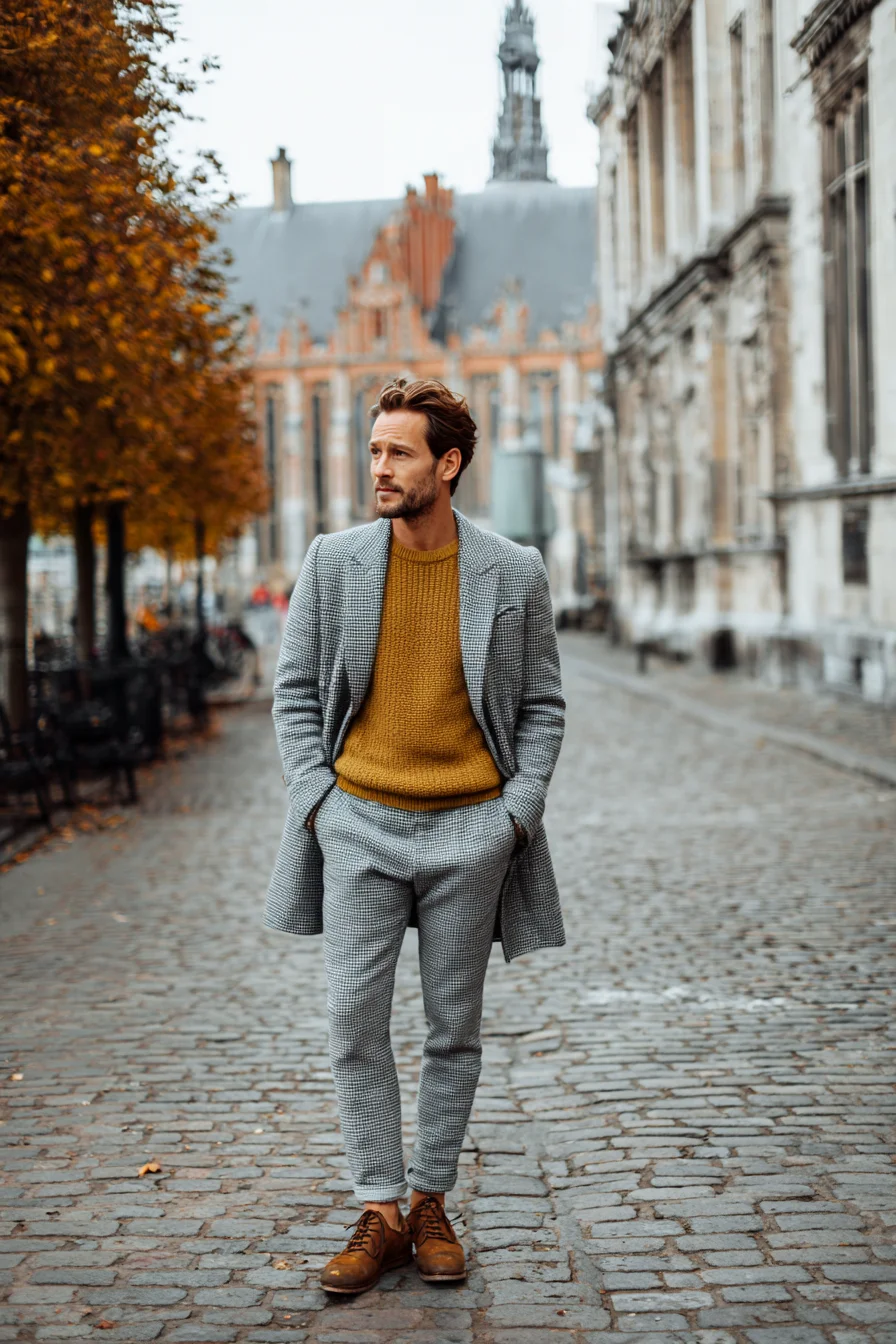 Autumn Smart-Casual: Grey Check Suit with Mustard Knit & Brown Brogues