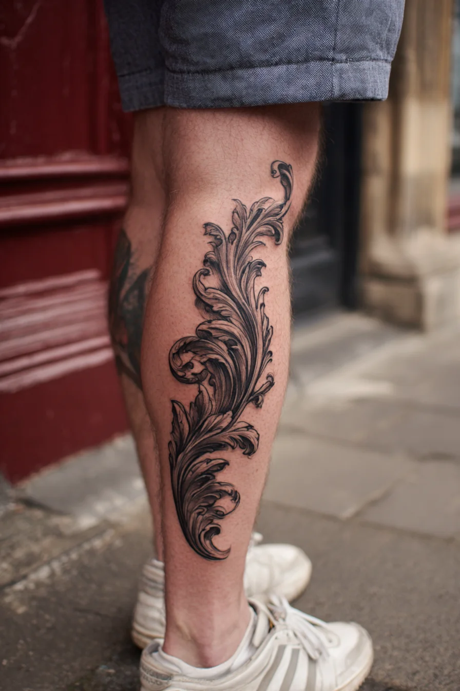 Baroque Acanthus Calf Tattoo — Ornamental Blackwork for Men