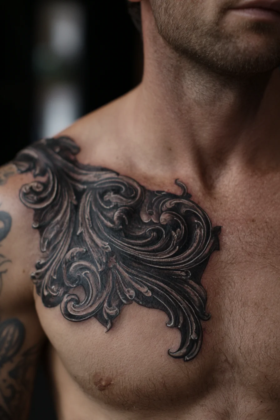 Baroque Chest & Shoulder Tattoo — Ornamental Scrollwork Design