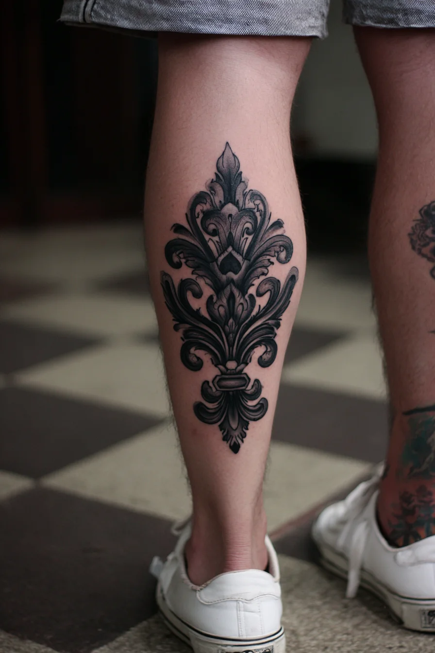 Baroque Filigree Blackwork Calf Tattoo — Ornamental Flourish Design