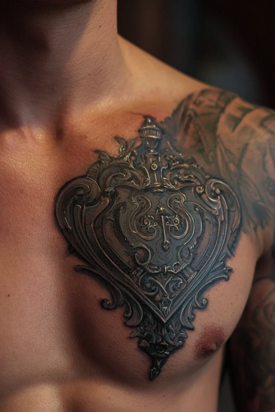 Baroque Filigree Heart Chest Tattoo — Ornate 3D Metalwork Sternum Piece