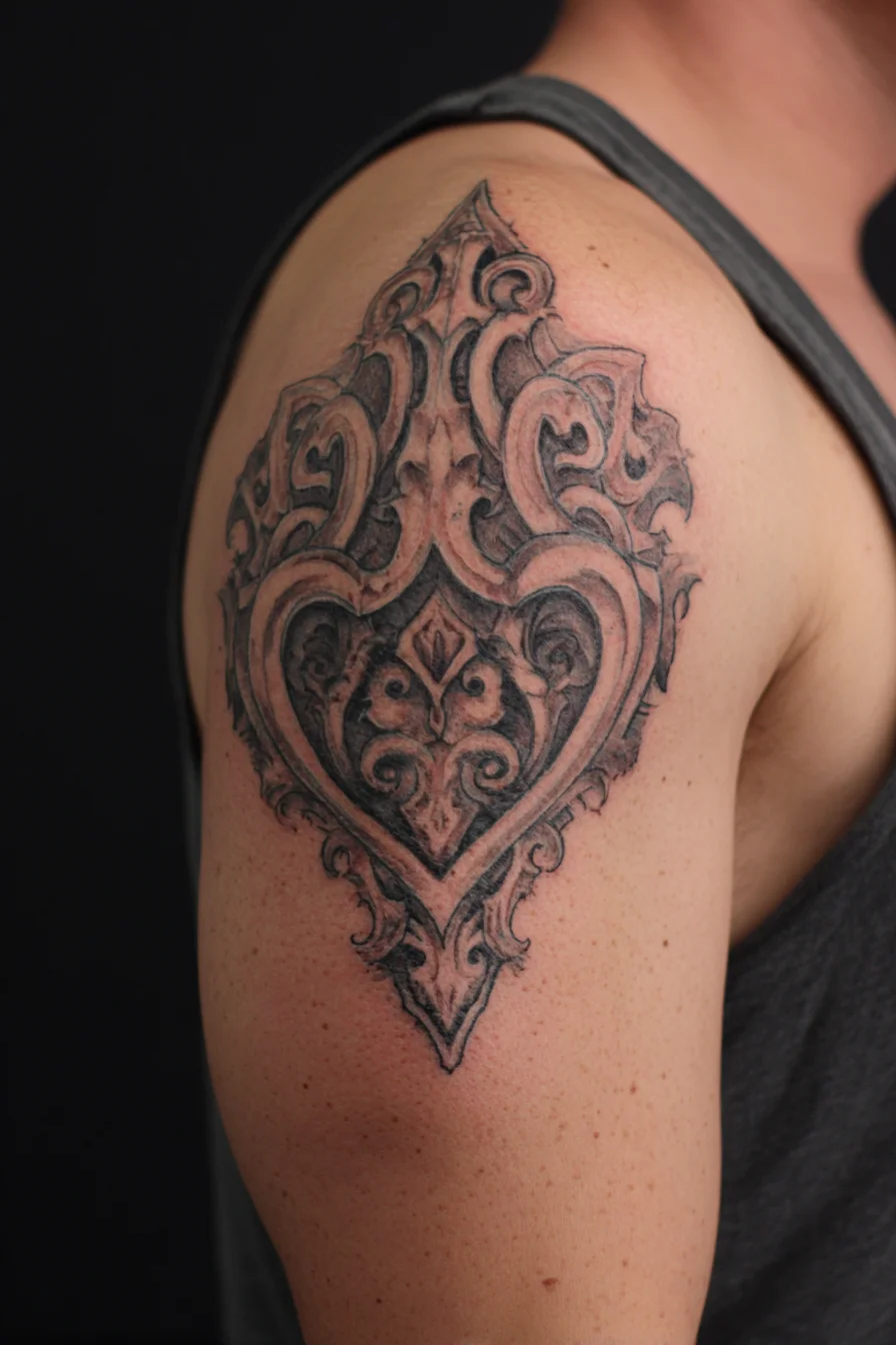 Baroque Filigree Shield Tattoo — Upper-Arm Ornamental Masculine Design