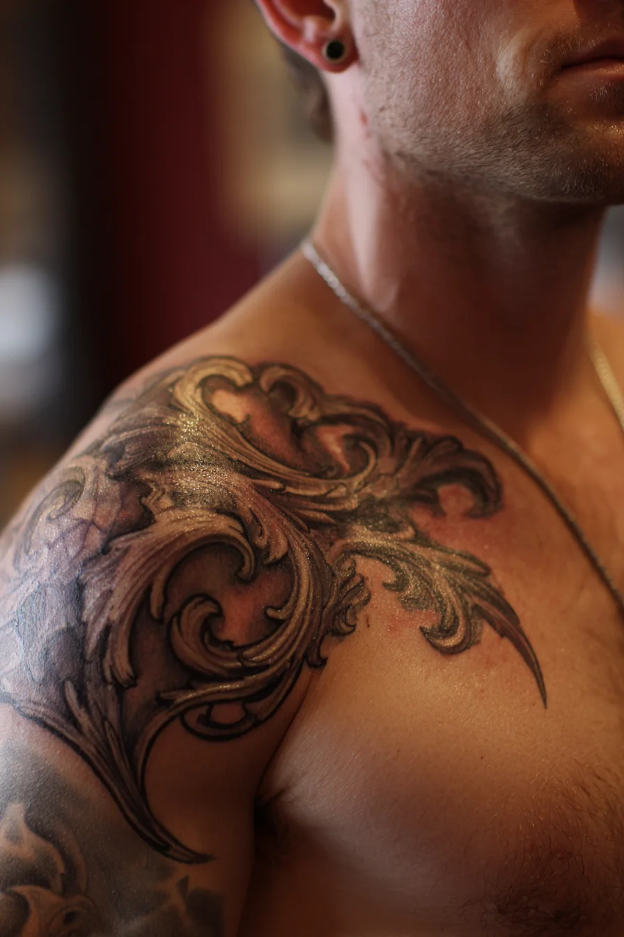 Baroque Filigree Shoulder Tattoo — Black & Grey Ornamental Scrollwork