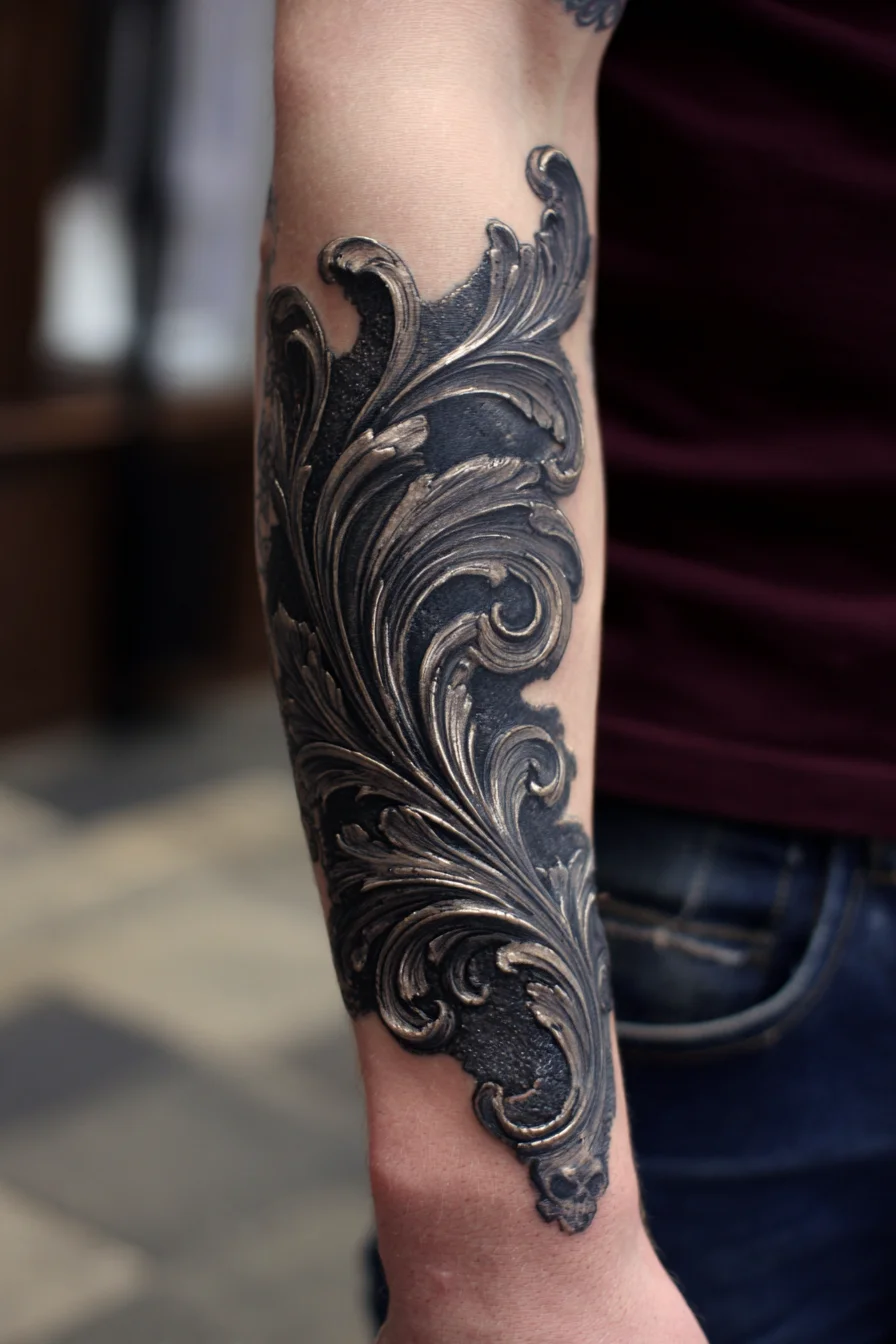 Baroque Ornamental Forearm Tattoo — Black & Grey Scrollwork