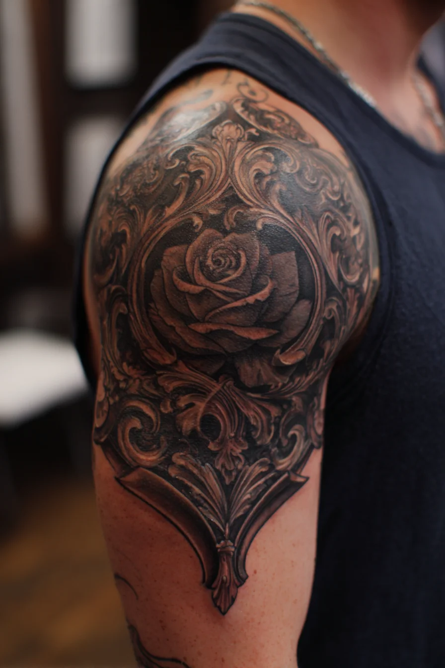 Baroque Rose Shoulder Tattoo — Black & Gray Ornamental Half‑Sleeve