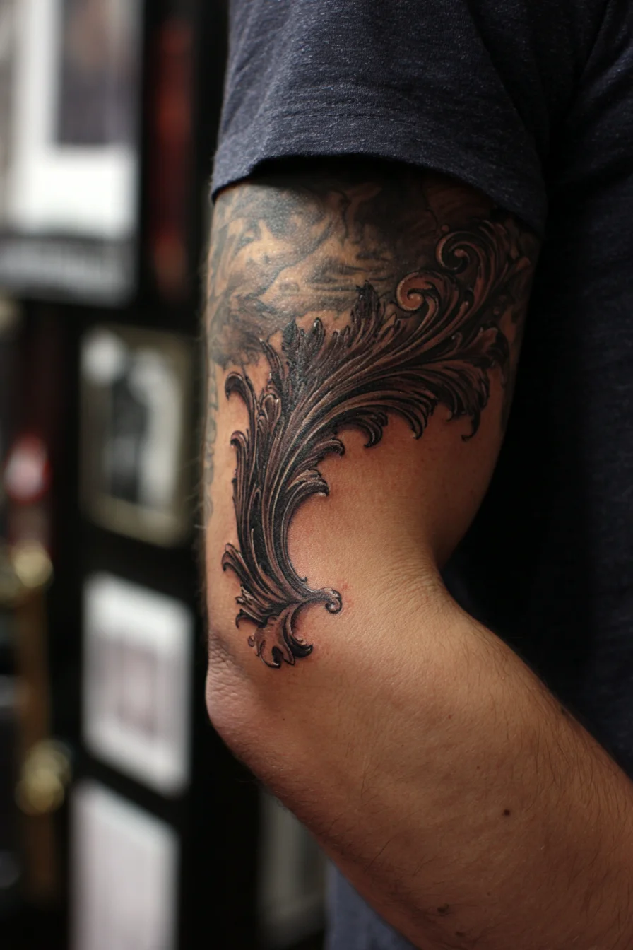 Baroque Scroll Elbow Tattoo — Ornamental Black & Grey Flourish