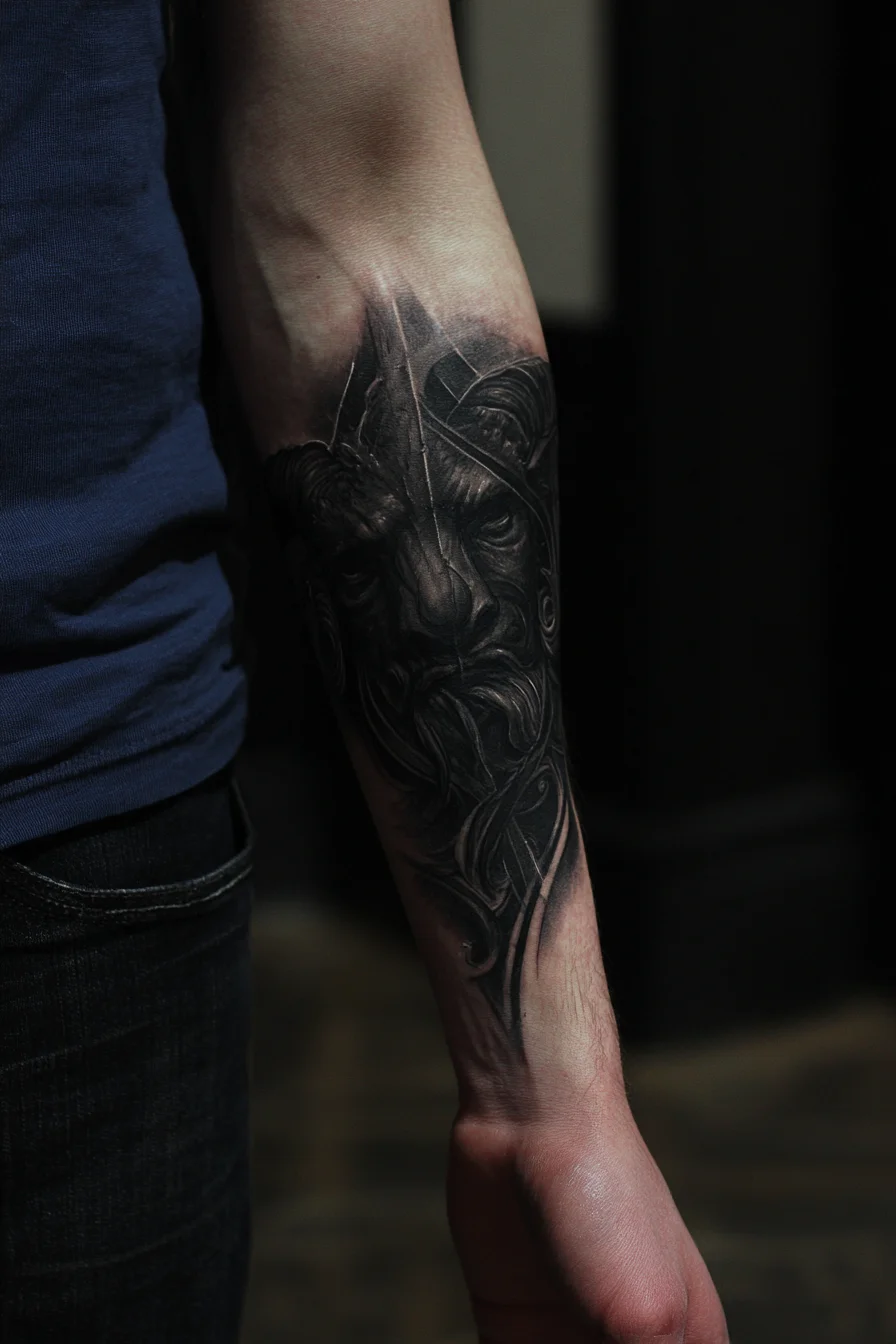 Bearded Norse‑Inspired Warrior Forearm Tattoo — Black & Grey Realism
