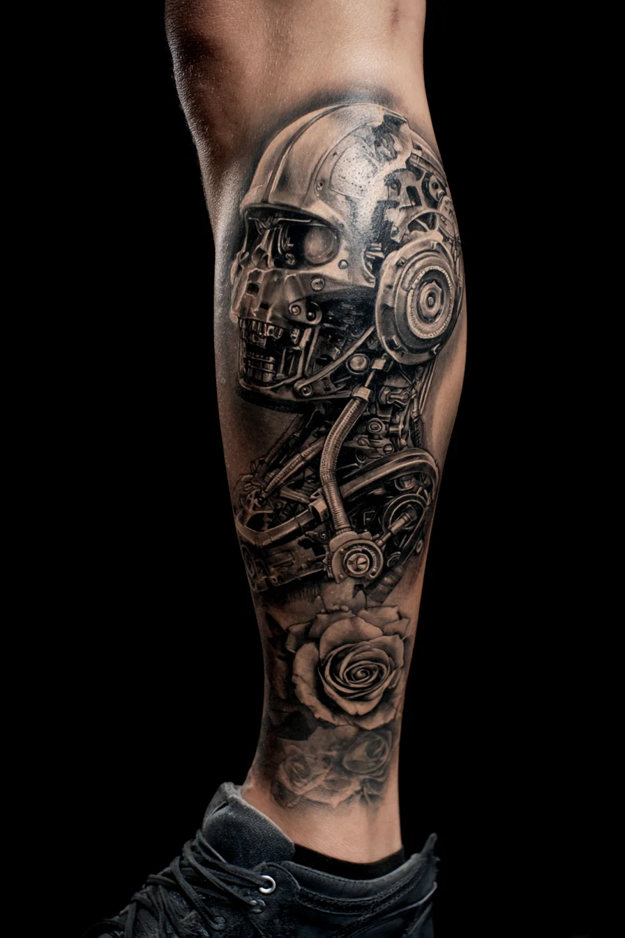 Biomechanical Skull Calf Tattoo with Realistic Roses — Black & Grey Realism