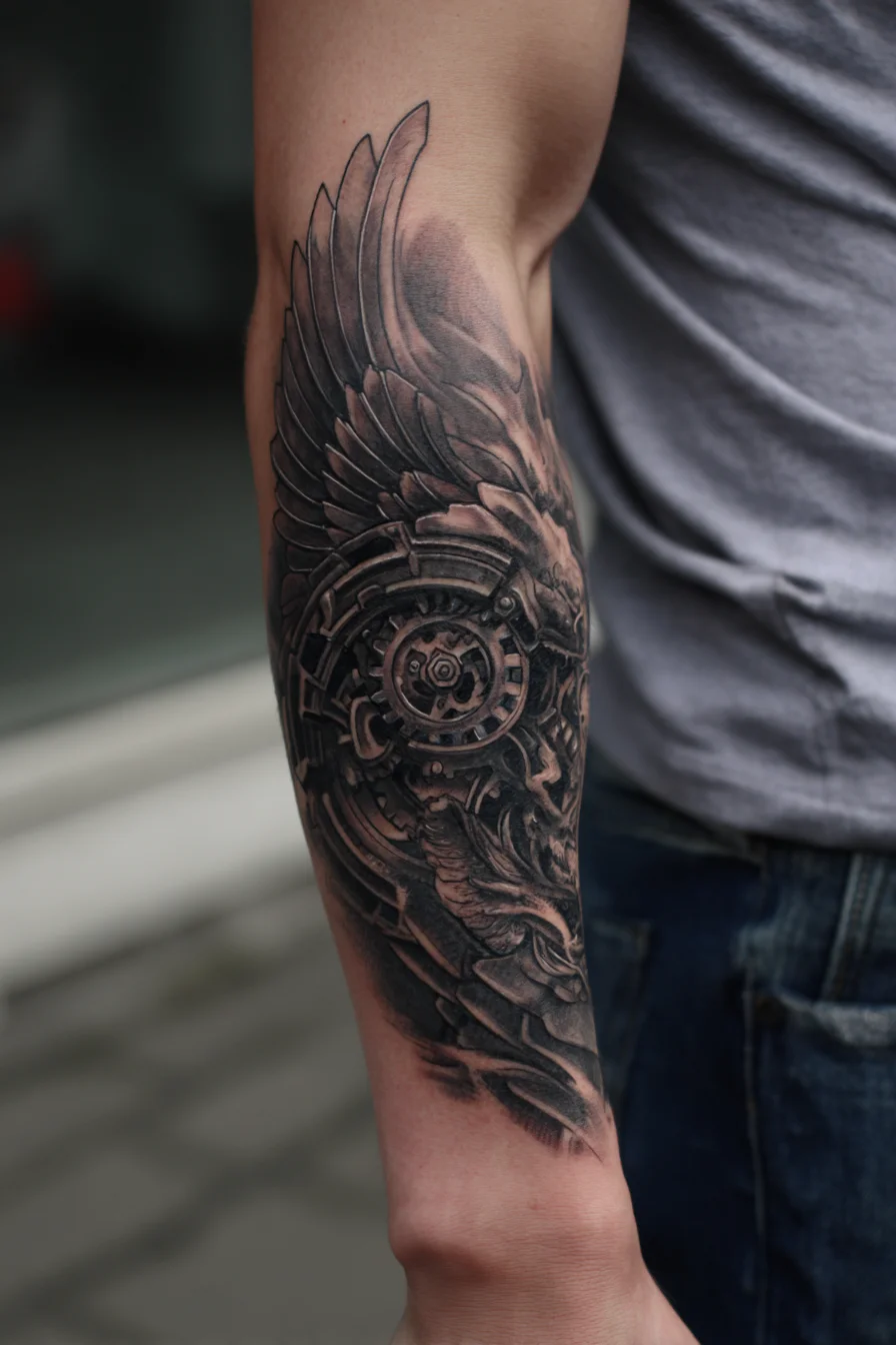 Biomechanical Wing Forearm Tattoo — Black & Grey Realism