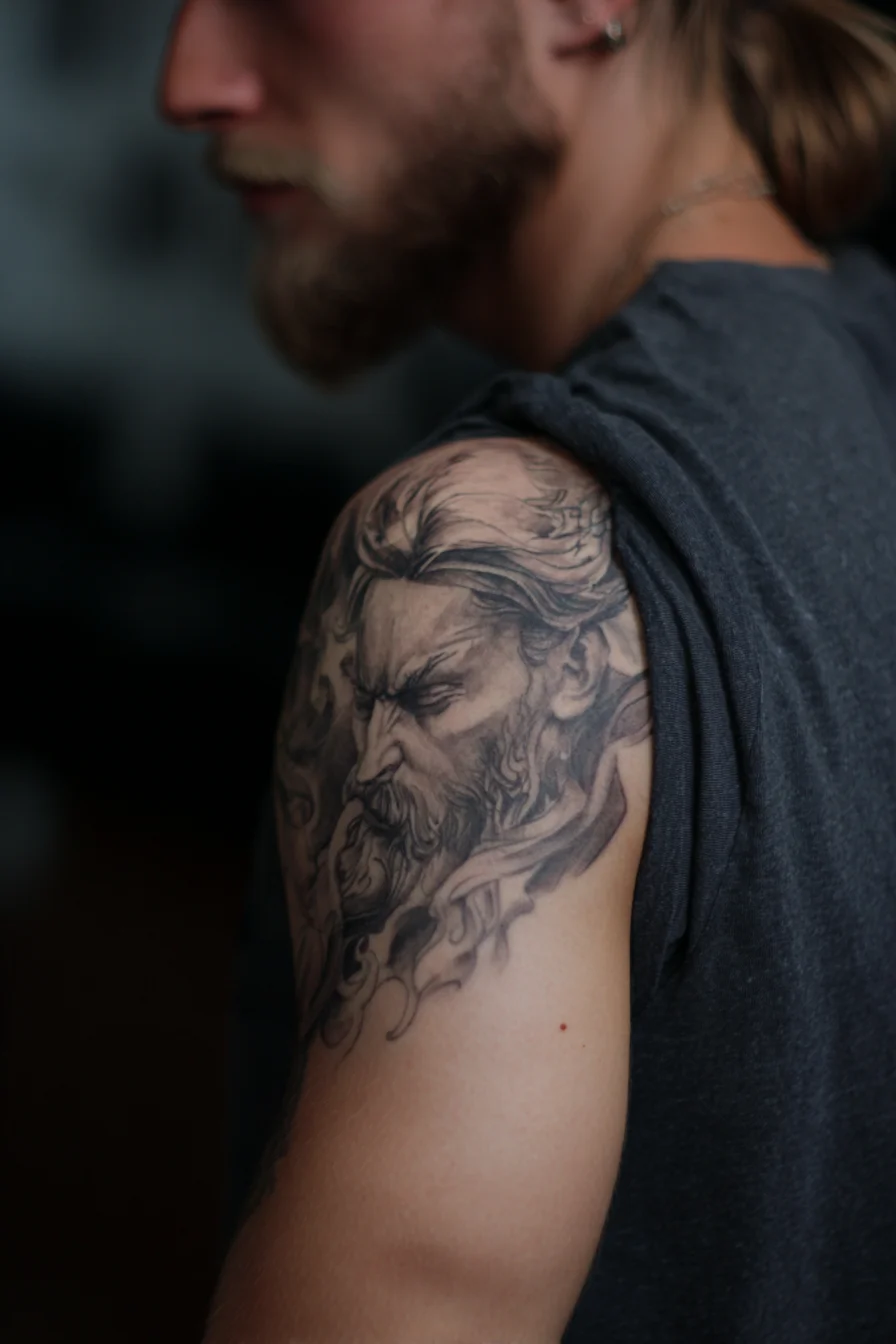 Black‑and‑Grey Bearded God Portrait — Upper Arm Masculine Tattoo