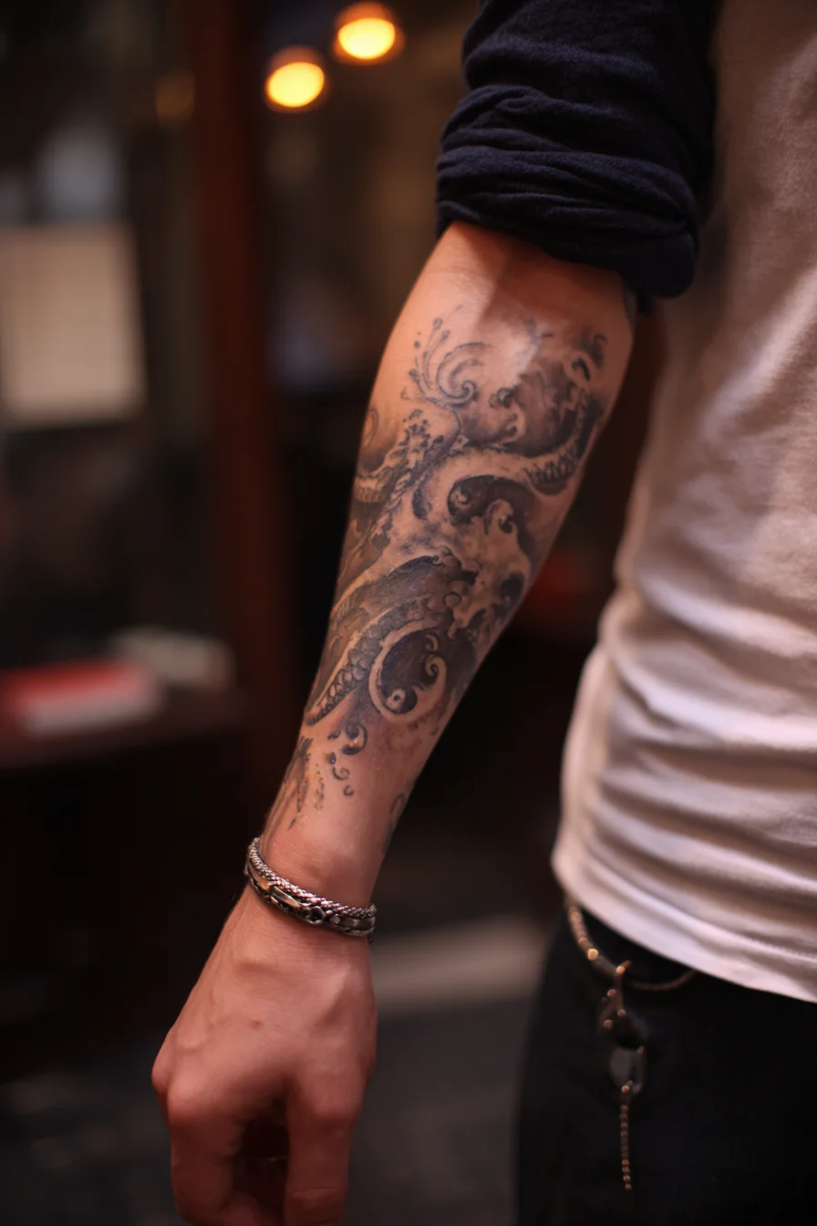 Black-and-Grey Octopus Tentacle Forearm Tattoo — Nautical Sleeve Accent