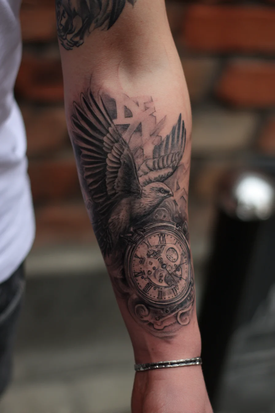 Black‑and‑Grey Pocket Watch with Flying Bird — Forearm Realism Tattoo