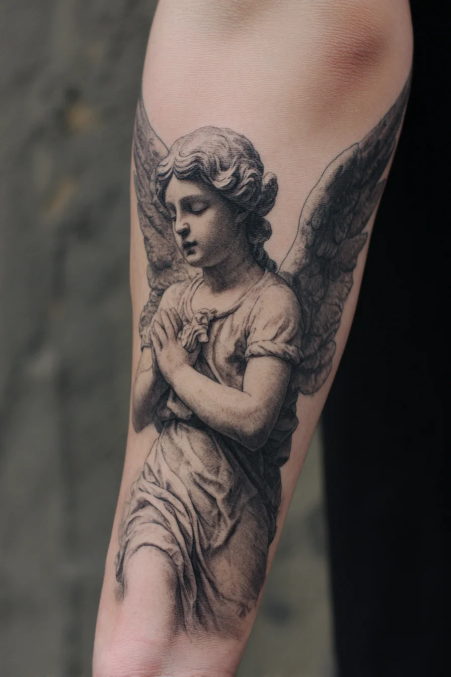 Black-and-Grey Praying Angel Forearm Tattoo — Statue-Inspired Realism