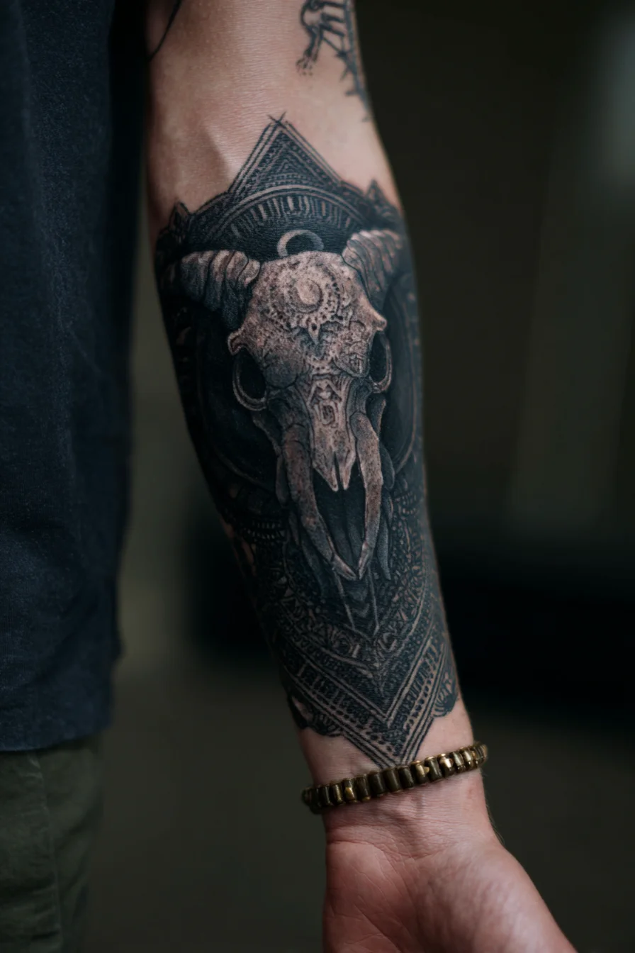 Black‑and‑Grey Ram Skull Forearm Tattoo — Skull, Geometric & Ornamental