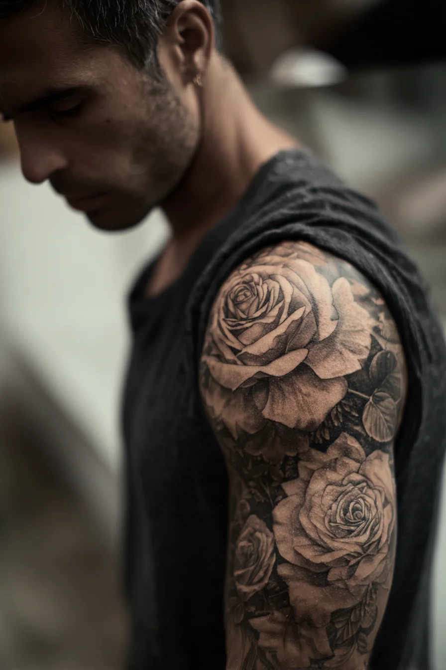 Black and Grey Realistic Rose Sleeve — Shoulder & Upper-Arm Floral Tattoo