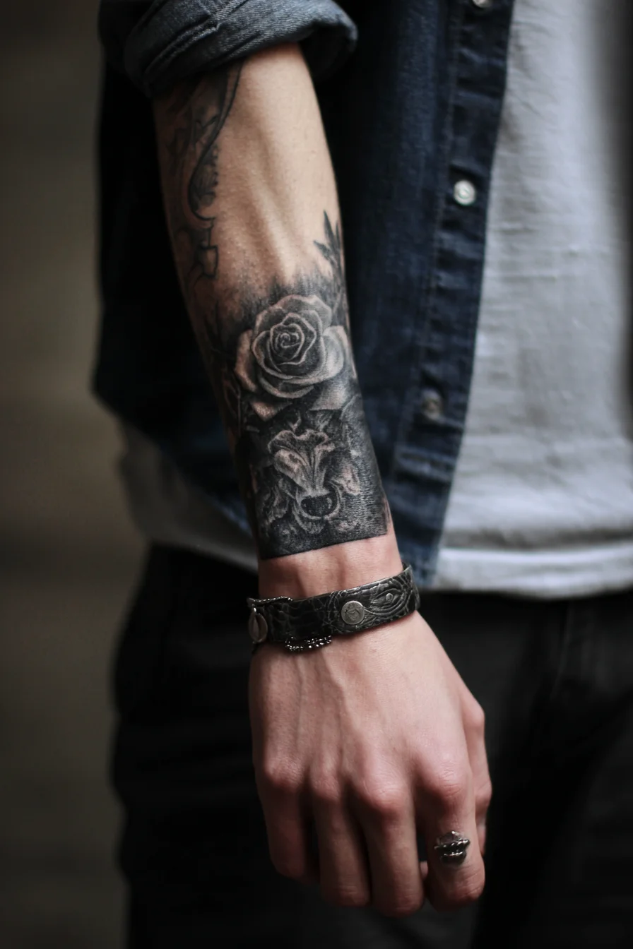 Black-and-Grey Rose Cuff Tattoo — Forearm Floral & Skull Realism
