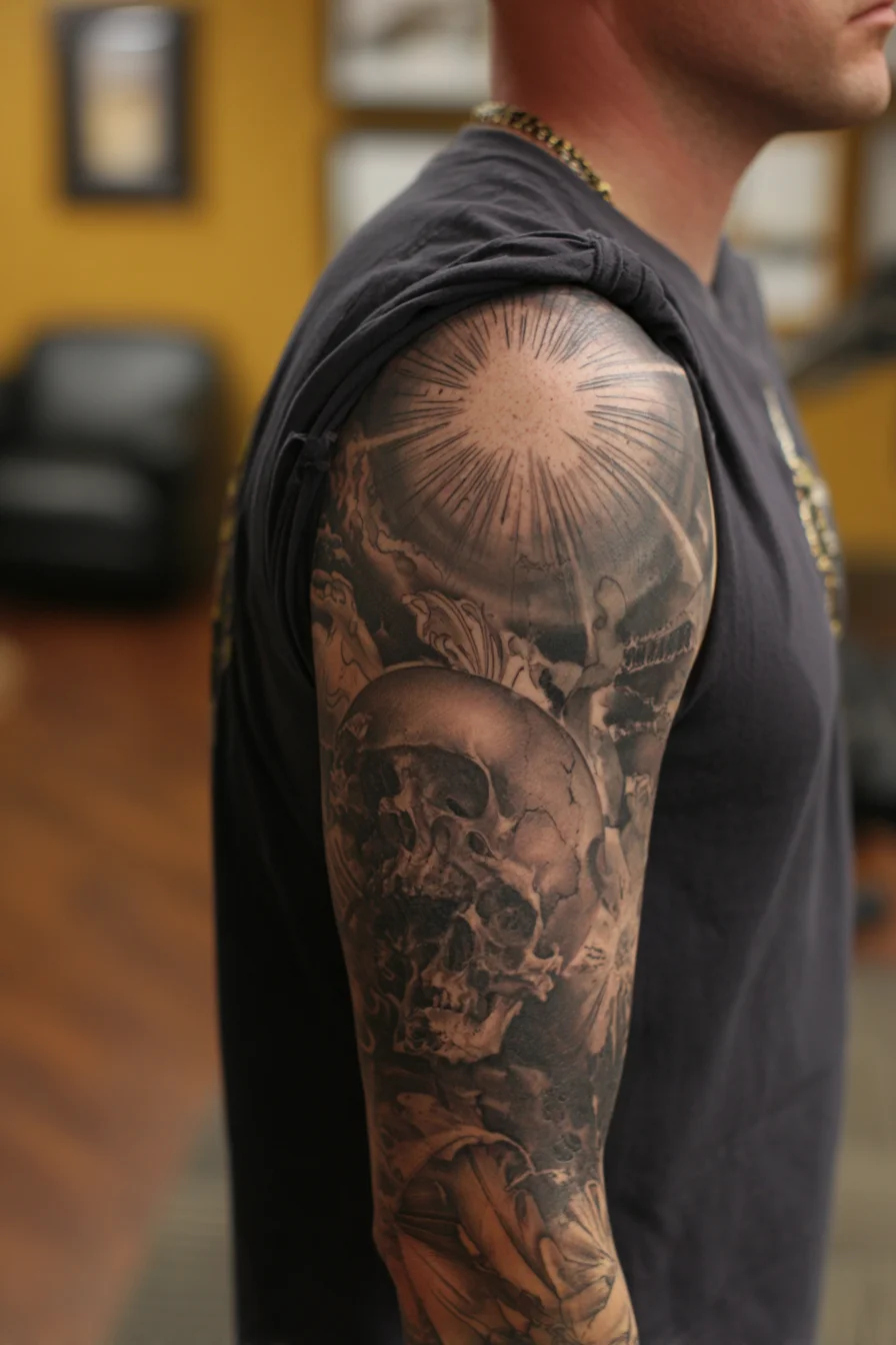 Black-and-Grey Skull Half-Sleeve Tattoo with Sunburst — Realism