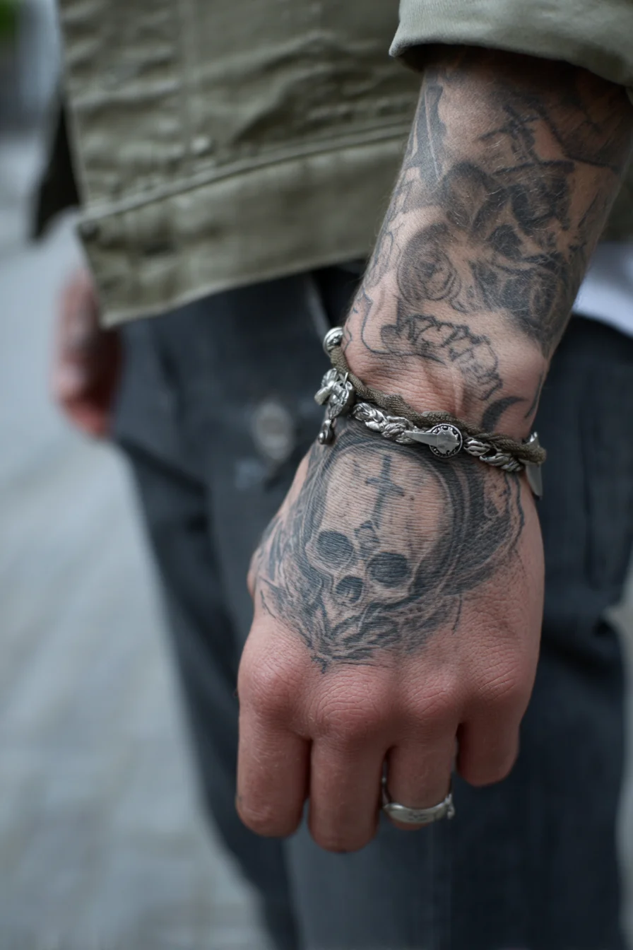 Black-and-Grey Skull Hand Tattoo — Masculine Hand & Wrist Tattoo Idea