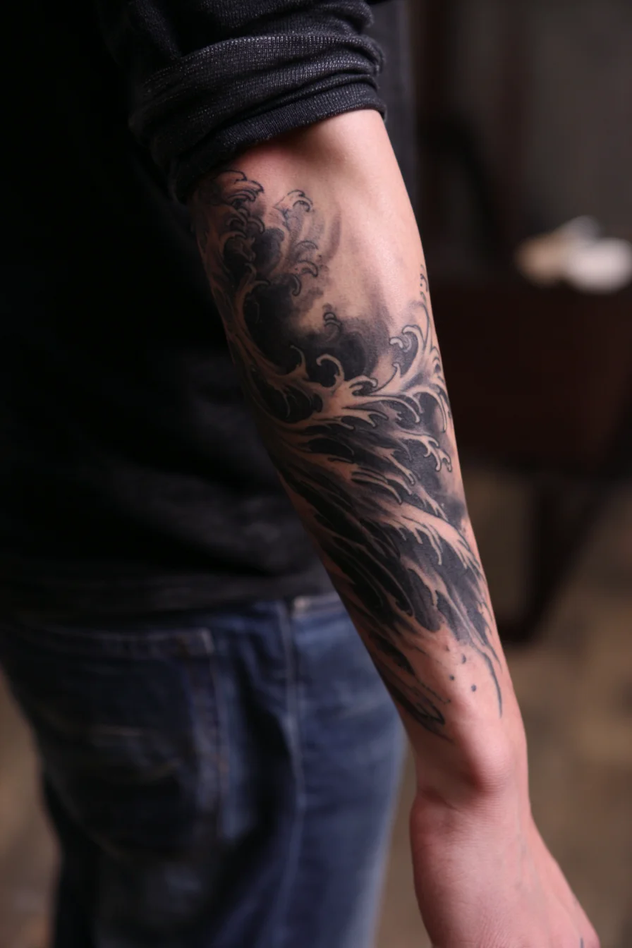 Black-and-Grey Wave Forearm Tattoo — Japanese Wave / Water Flow Design
