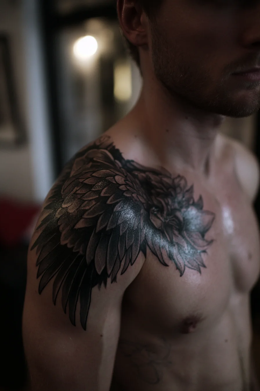 Black-and-Grey Wing Shoulder-to-Chest Tattoo for Men