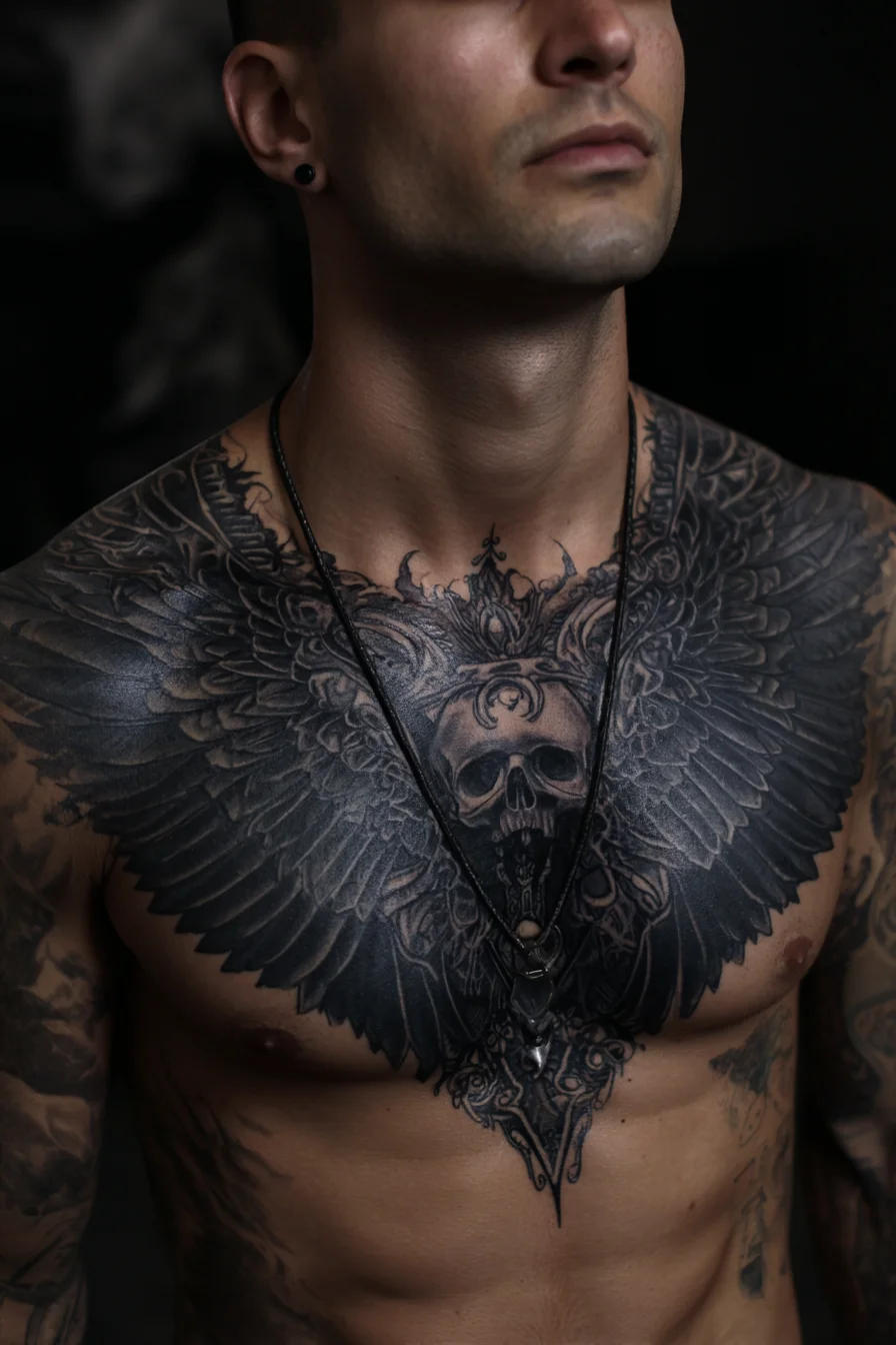 Black-and-Grey Winged Chest Tattoo with Central Skull — Sternum Chestpiece