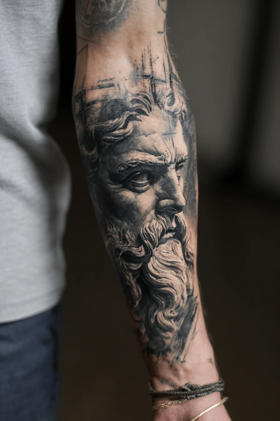 Black & Gray Realistic Classical Bust Forearm Tattoo — Masculine Portrait