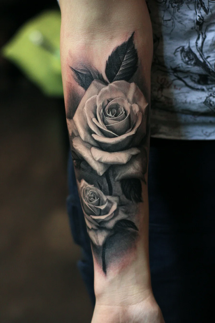 Black & Gray Realistic Rose Forearm Tattoo — Masculine Floral Accent