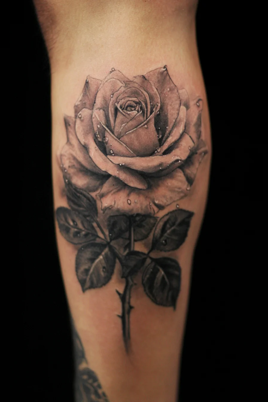 Black & Gray Realistic Rose Tattoo — Forearm Floral Design