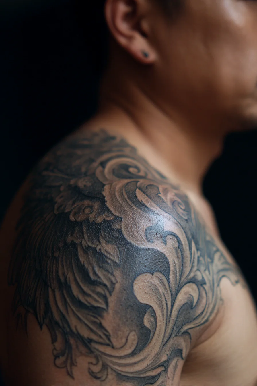 Black & Gray Wing with Ornamental Scroll Shoulder Tattoo (Half-Sleeve)