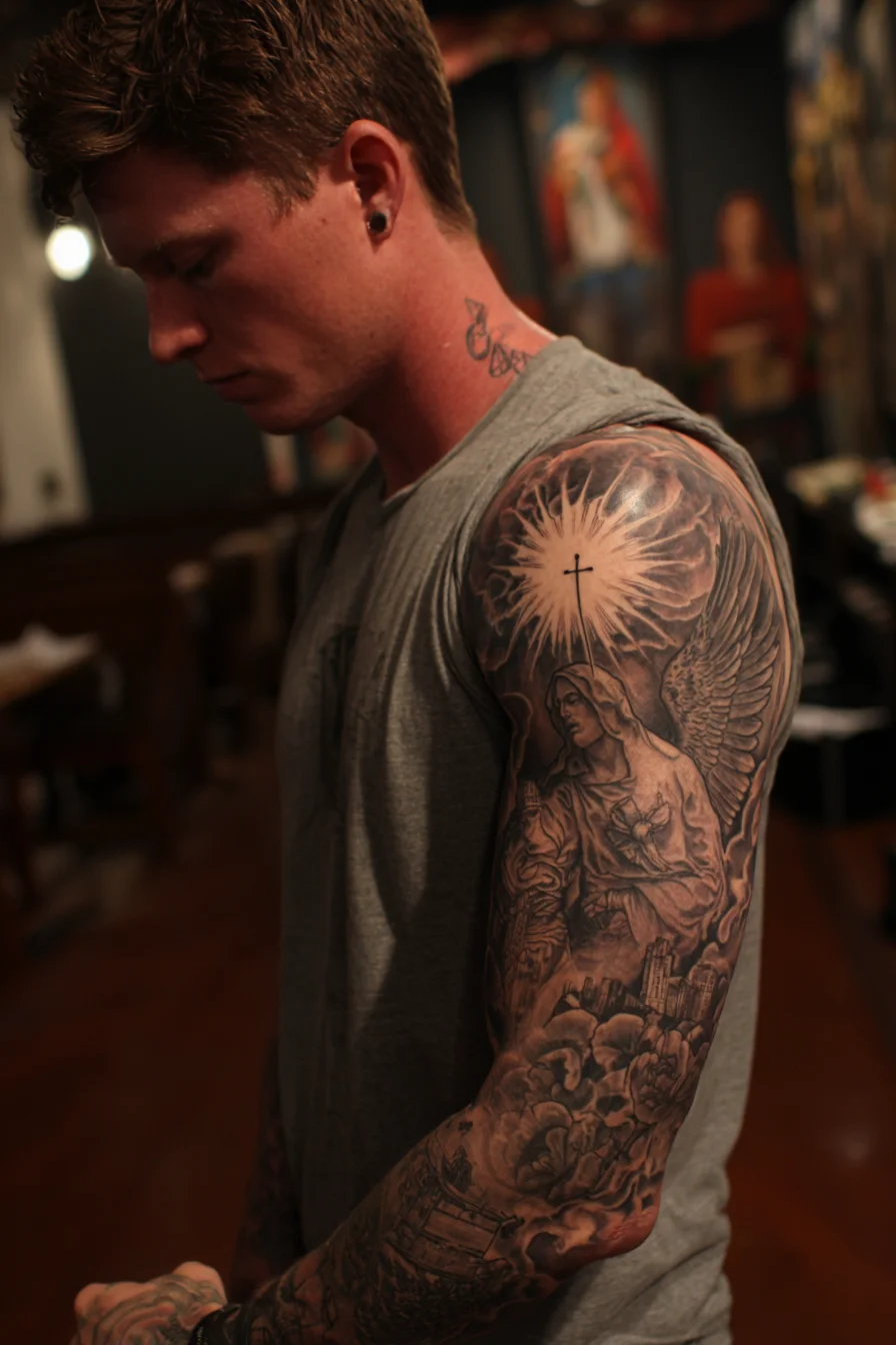 Black & Grey Angel and Cross Half‑Sleeve Tattoo — Religious Realism